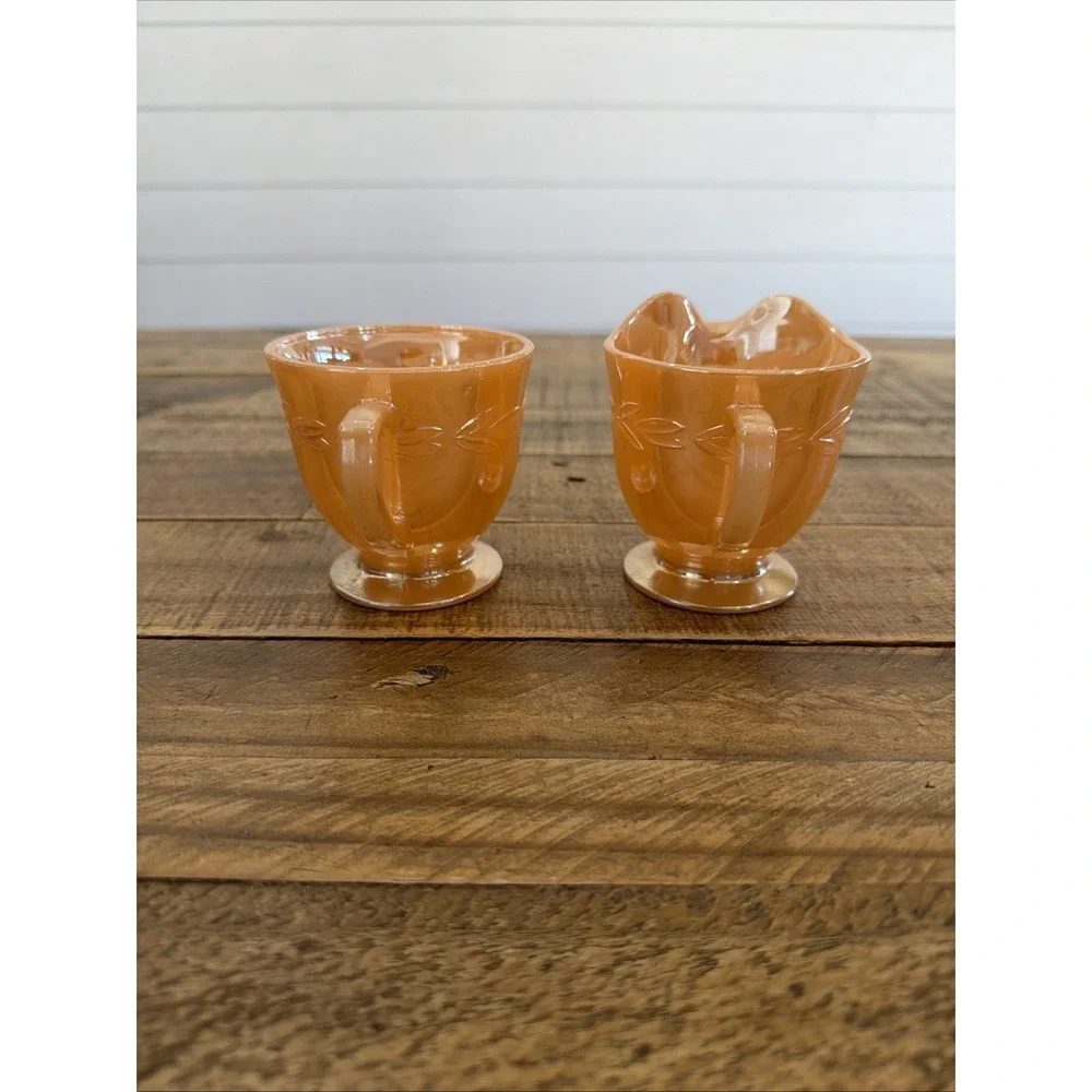 Fire King Peach LusterWare Vintage Cream And Sugar Bowl Set Laurel Leaf Pattern